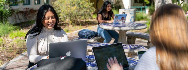 students using computers in garden