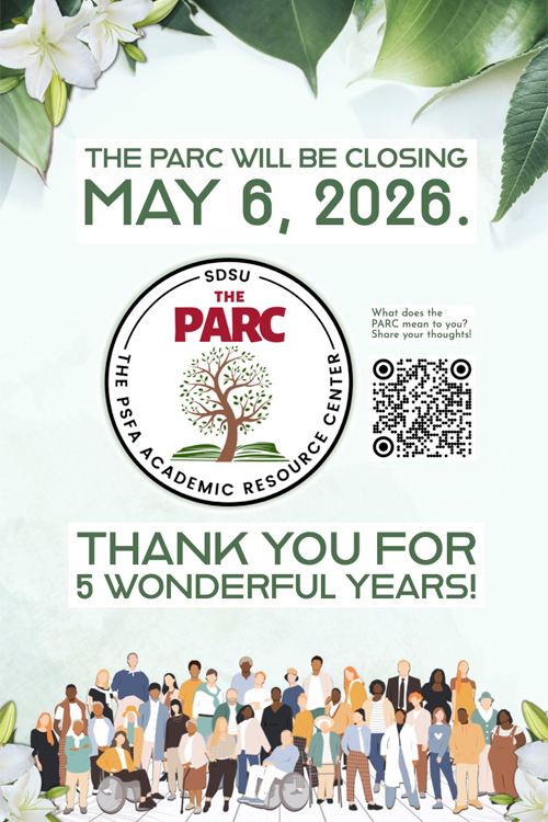 Announcement that the SDSU PARC (PSFA Academic Resource Center) will be closing on May 6, 2026, with thanks for five years of service.