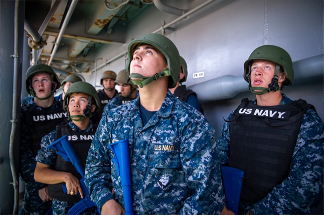 Naval ROTC midshipmen receive instruction during anti-terrorism force protection training aboard the amphibious assault ship USS Bonhomme Richard (LHD 6). Bonhomme Richard is currently in its homeport of San Diego, Calif., preparing for an upcoming deployment. (U.S. Navy photo by Mass Communication Specialist 2nd Class Jeanette Mullinax)