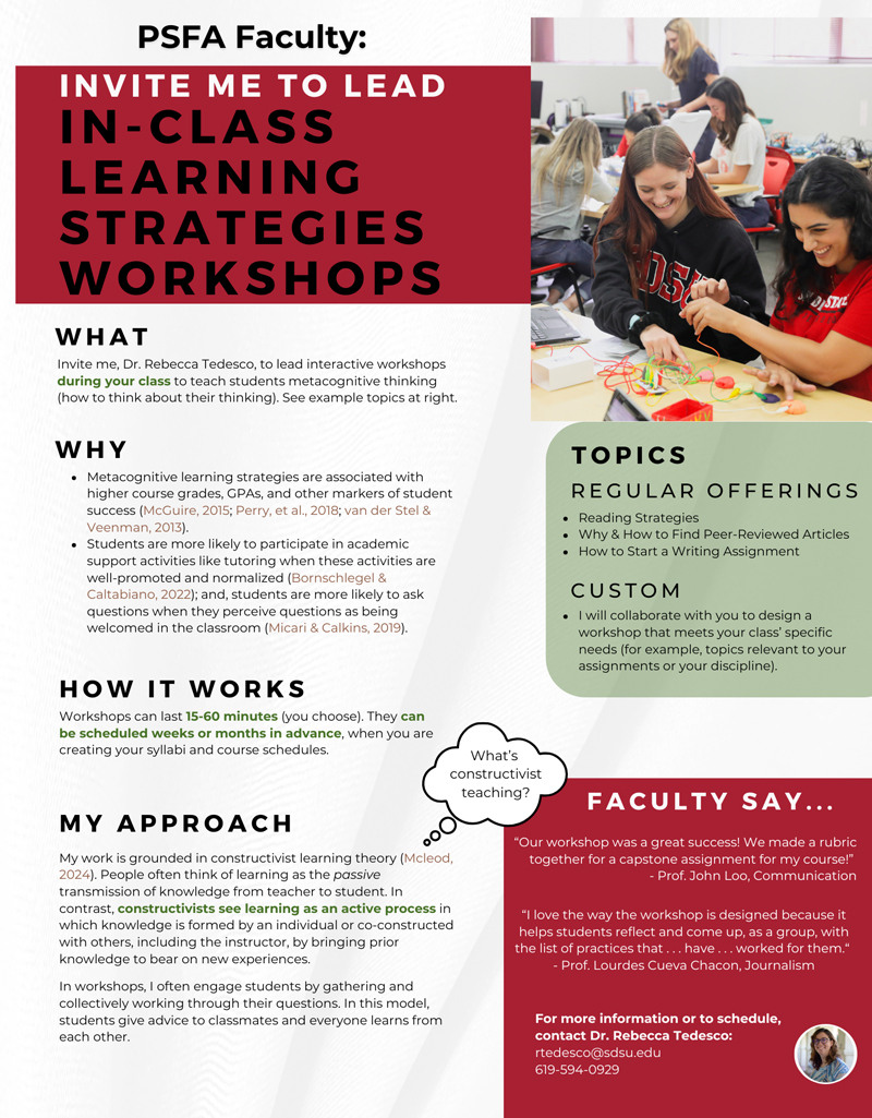A School of Public Affairs faculty flyer advertising in-class learning strategy workshops led by Dr. Rebecca Tedesco. The flyer outlines workshop topics, learning outcomes, scheduling information, and faculty testimonials, alongside a photo of SDSU students participating in a hands-on classroom activity.