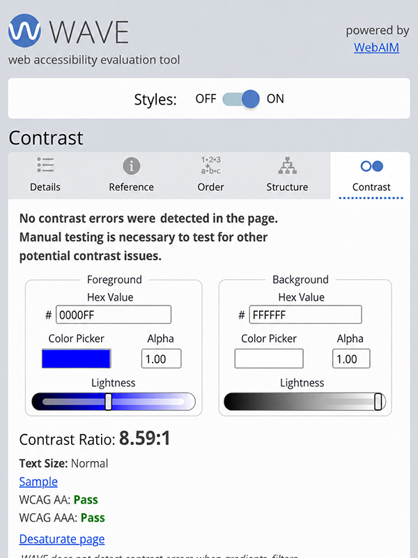 WAVE Contrast panel showing a contrast ratio of 8.59 to 1.