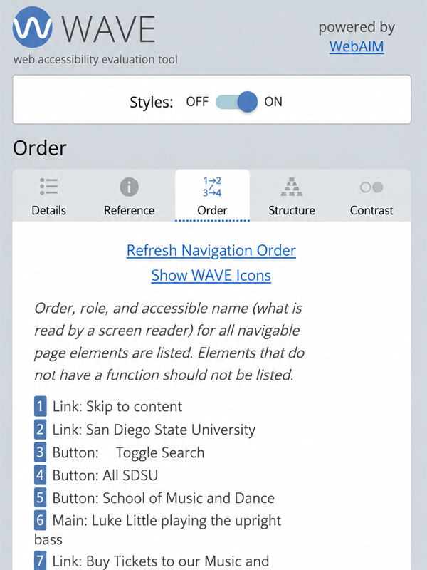 WAVE Order panel showing the page’s keyboard navigation sequence.