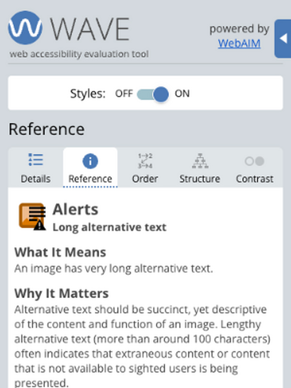 WAVE Reference panel explaining a long alternative text alert.