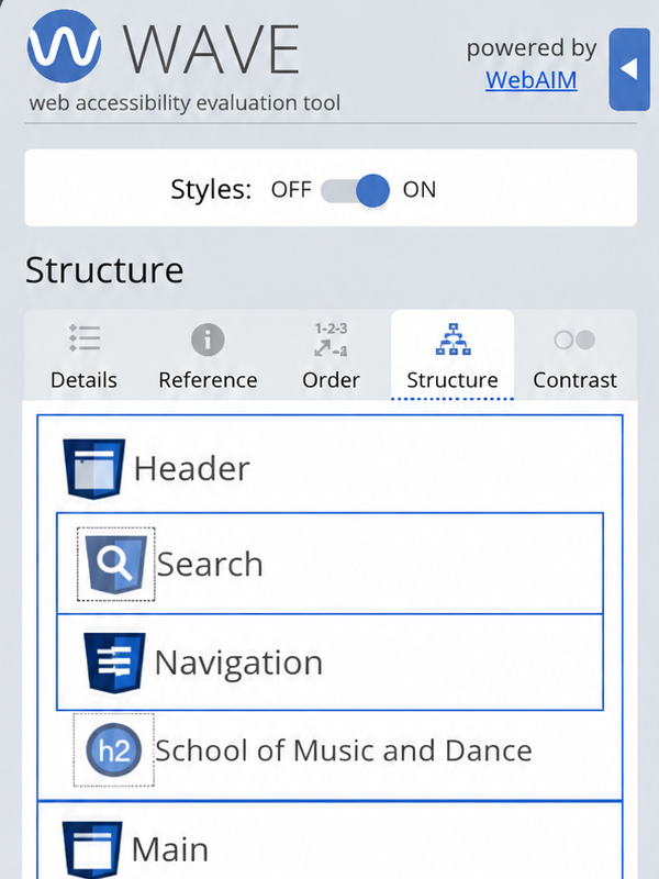 WAVE Structure panel showing the page’s landmarks and heading hierarchy.