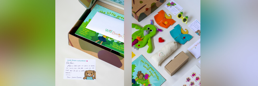 The care packages include a volunteer-made monster plushie, emoji stickers, creative activities, and a storybook about cancer and emotions in an effort to uplift children as they battle cancer