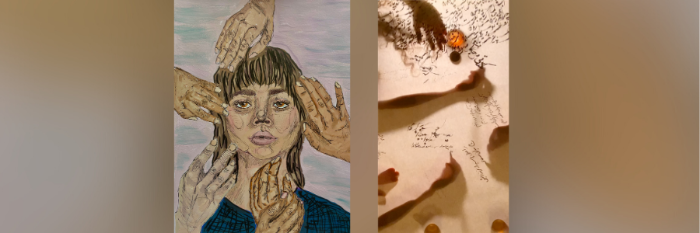 The image on the left is from: Yasmeen Alkes Tobya, Outside Touch, 2021; 12 x 9 inches; acrylic and mixed media on paper; courtesy of the artist The image on the right is a still image from: Sepideh Shamloufard, Tea Room, 2020; HD video, running time 2:18; courtesy of the artist.