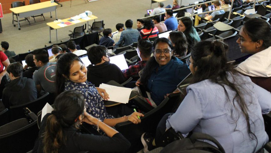 Graduate students Surbhi Sawant, Mukta Joshi, and Rachana Vimal Gandhi brainstorm for their first challenge at the SDSU Hackathon on October 8th, 2022.