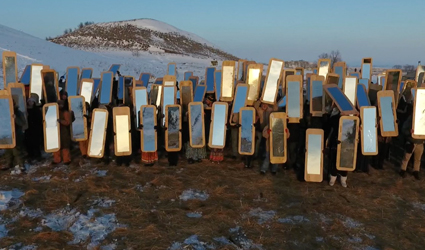 Cannupa Hanska Luger’s Mirror Shield Project was performed at Oceti Sakowin Camp, Standing Rock in 2016. Photo courtesy of Cannupa Hanska Luger