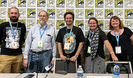 (L-R): Jordan Smith, Mike Catron (Fantagraphics), Frank Forte (filmmaker), Beth Pollard and Pam Jackson at "Raising the Dead: Horror Comics and the Comics Code." (Brad Kirkegaard)