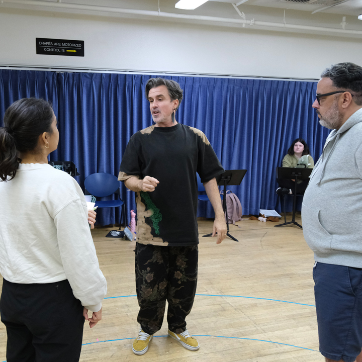 The cast of SDSU's "A New Brain" rehearses with director Josh Walden. Photo credit Ken Jacques.