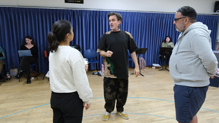 The cast of SDSU's "A New Brain" rehearses with director Josh Walden. Photo credit Ken Jacques.