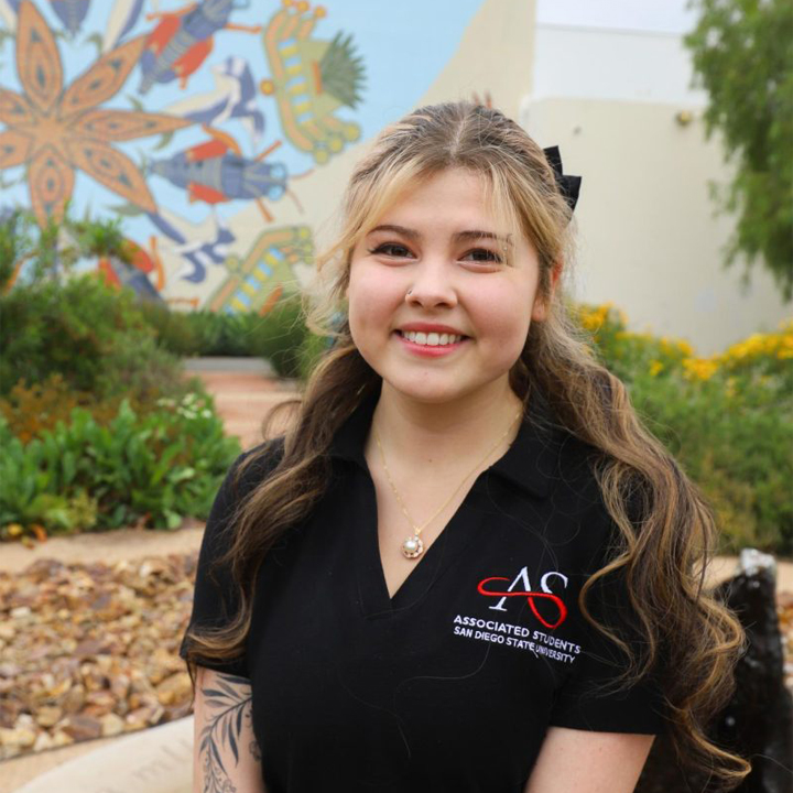 Associated Students President Katarina Hernandez poses in SDSU's Native and Indigenous Healing Garden, Courtesy of Associated Students.