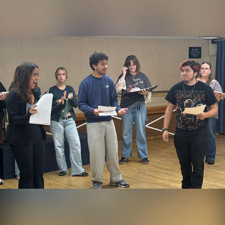 In rehearsal for Twelfth Night are, from left, Rebecca Murillo as Viola, Sarah Anderson as Maria, Jacob Hurst as Antonio, Charlotte Bridant as Curio, and Bucky Delgado as Sebastian. 