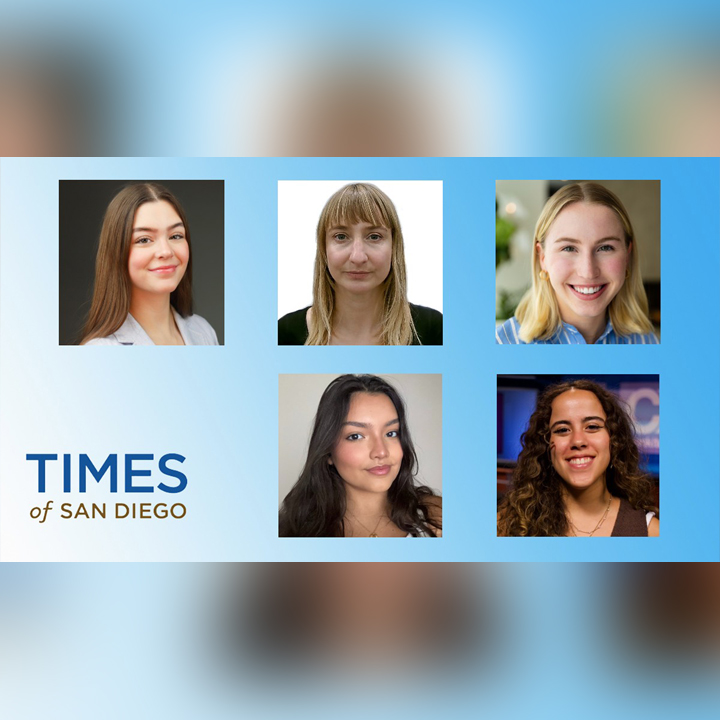 Times of San Diego’s fall 2025 college interns are, clockwise from upper left, Calista Stocker, Sophia Sleap, Charlotte Simon, Esmeralda Hernandez and Tainá Fonseca. (File photos)