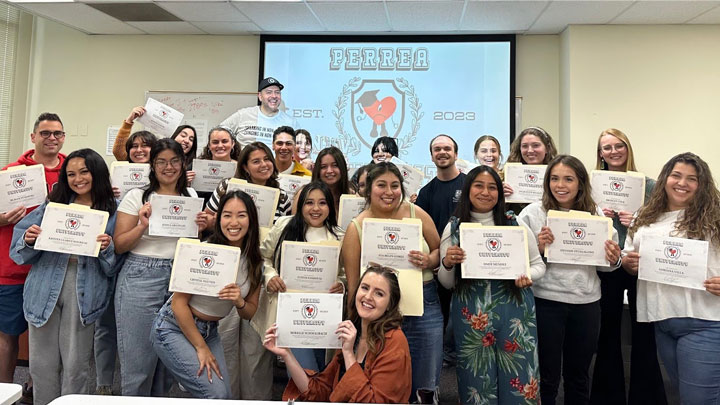 Students celebrate finishing SDSU’s Bad Bunny pop culture course.