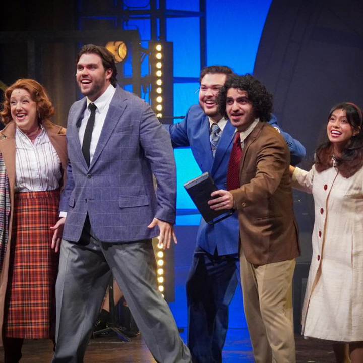 Cast members perform a musical number in SDSU's "Merrily We Roll Along"