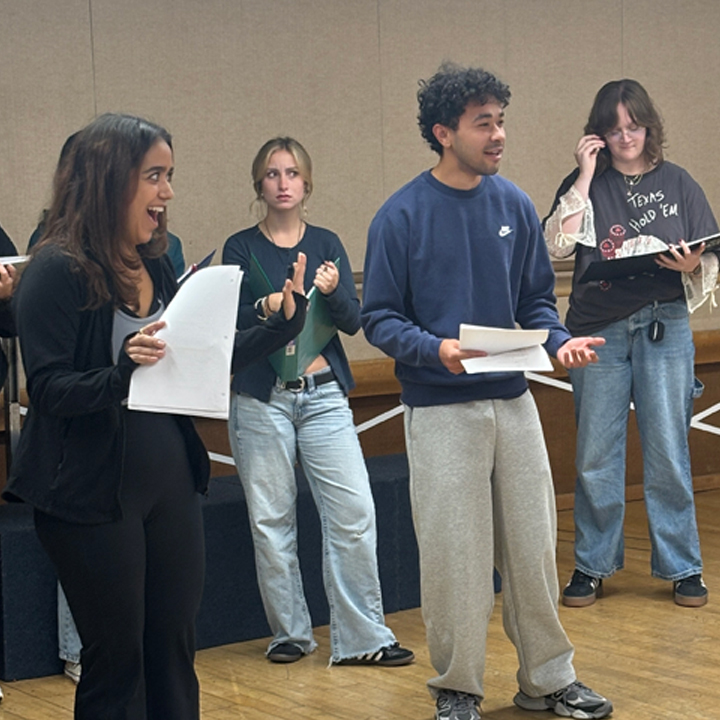 In rehearsal for Twelfth Night are, from left, Rebecca Murillo as Viola, Sarah Anderson as Maria, Jacob Hurst as Antonio, Charlotte Bridant as Curio, and Bucky Delgado as Sebastian.