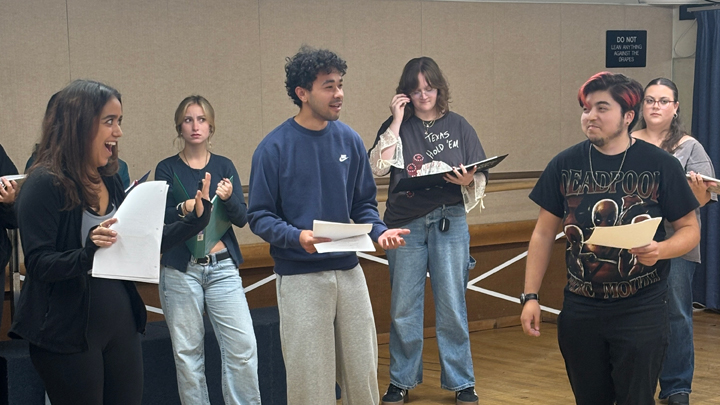 In rehearsal for Twelfth Night are, from left, Rebecca Murillo as Viola, Sarah Anderson as Maria, Jacob Hurst as Antonio, Charlotte Bridant as Curio, and Bucky Delgado as Sebastian. 