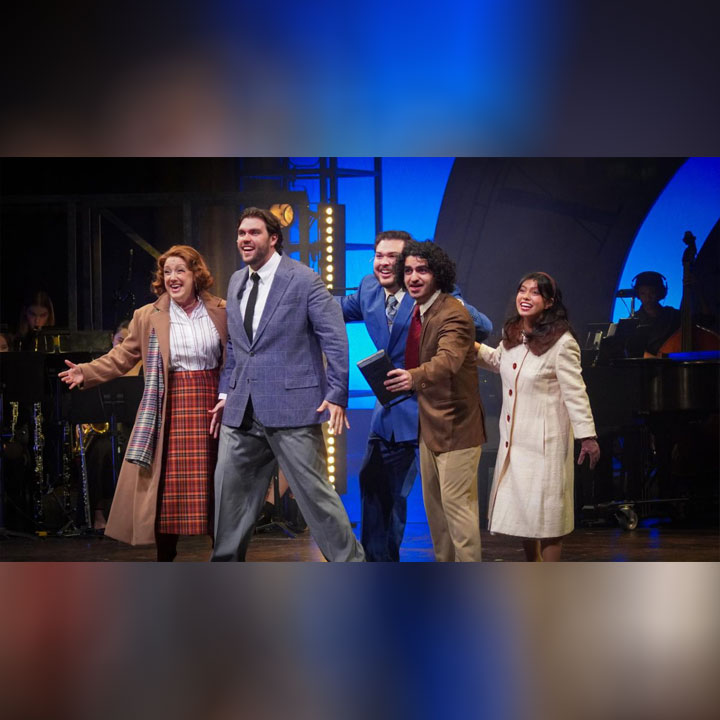 Cast members perform a musical number in SDSU's "Merrily We Roll Along"