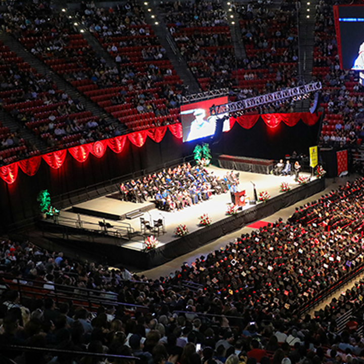 File photo from a SDSU commencement ceremony at Viejas Arena in 2019. (SDSU)