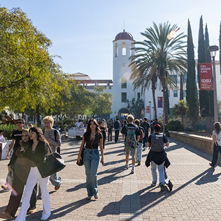 Students walking across the SDSU campus walkway with palm trees and the bell tower in view.